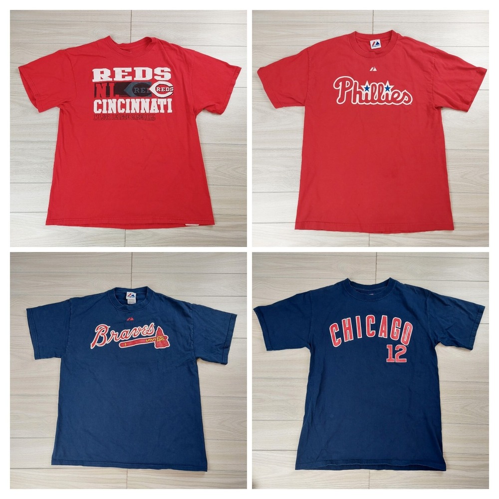 Majestic MLB T-Shirt Bundle Men XL L Reds Phillies Braves Chicago Red Navy‎ 4pk
